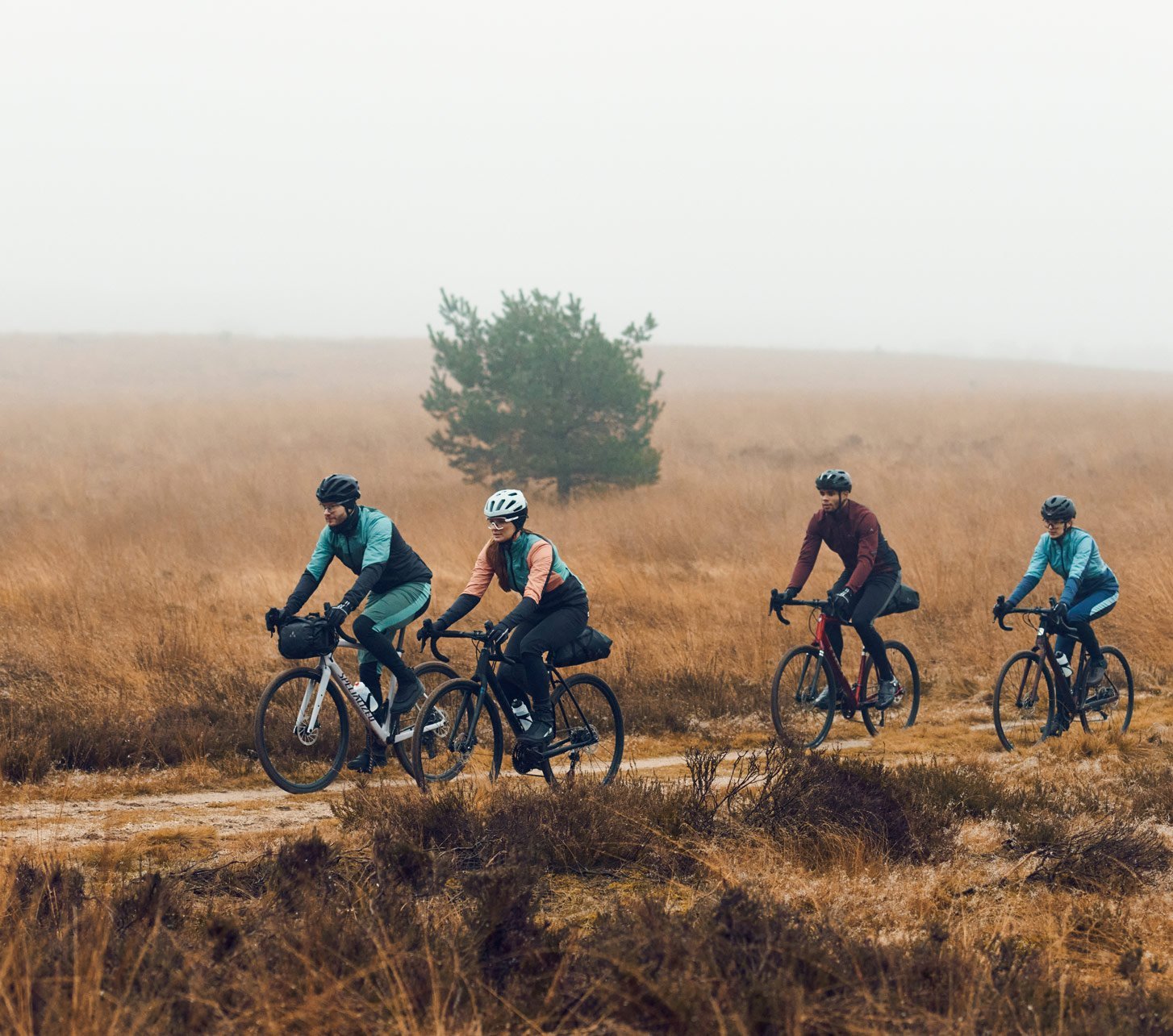 Eine Gruppe Graveller fährt durch die nebelige Herbstlandschaft der Veluwe Region