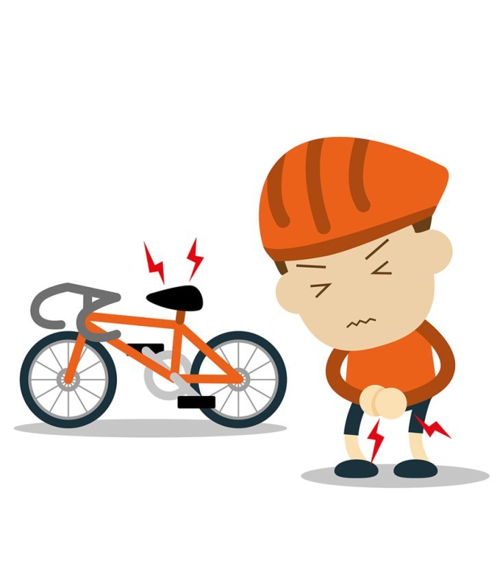 Ilustración: Un hombrecito con un atuendo naranja de ciclismo se encuentra junto a una bicicleta y, al parecer, sufre dolores al sentarse.