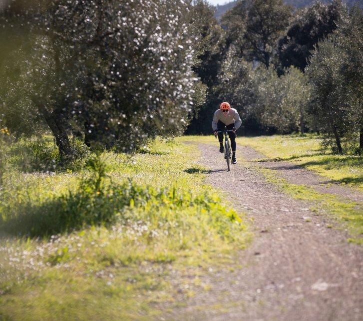 Un cycliste gravel portant un casque orange roule vers la caméra sur un chemin de gravier bordé d’oliviers.