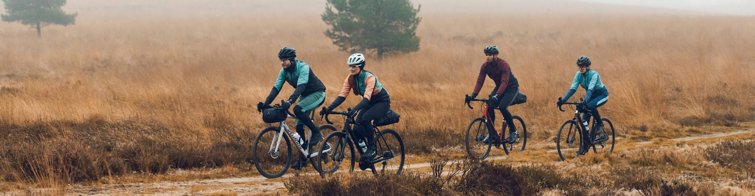 Eine Gruppe Graveller fährt durch die nebelige Herbstlandschaft der Veluwe Region