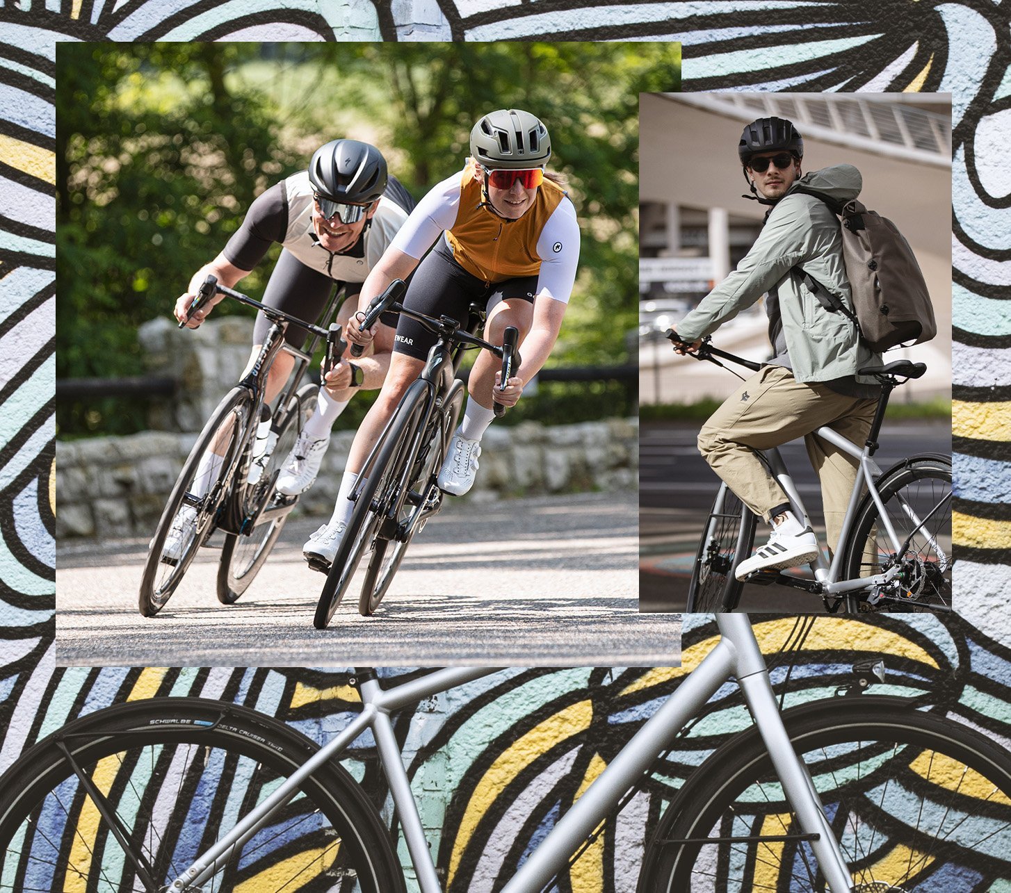 An image collage consisting of 3 action and lifestyle images on the subject of cycling clothing. One picture shows a casual commuter, two performance-oriented racing cyclists and a hardtail mountain bike bikepacker.