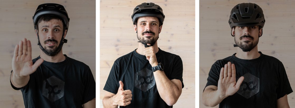 Trois portraits d'un homme aux cheveux bruns portant un casque de vélo. Seul sur l'image du milieu, le casque est correctement positionné sur sa tête.