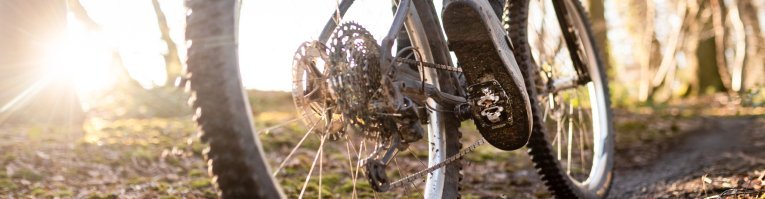 Actionfoto: Ein Mountainbike fährt an der Kamera vorbei. Im Ausschnitt sehen wir nur Die Laufräder mit den grobstolligen Reifen im Gegenlicht. Die Schärfe liegt auf dem Fuß des Fahrers und dem OneUp Clip Pedal