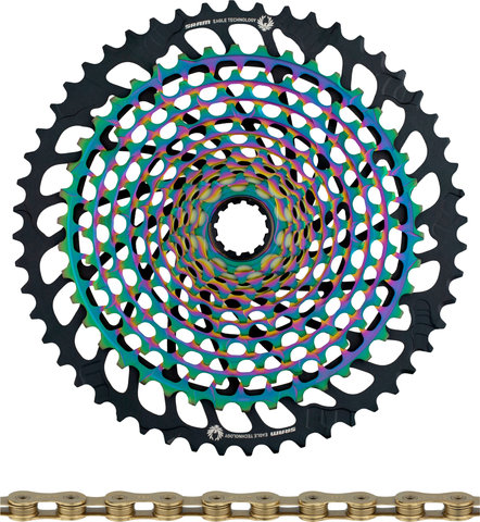 SRAM XX1 Eagle XG-1299 Kassette + PC XX1 Eagle Kette 12-fach Verschleißset - rainbow - XX1 gold/126/10-52/SRAM XD