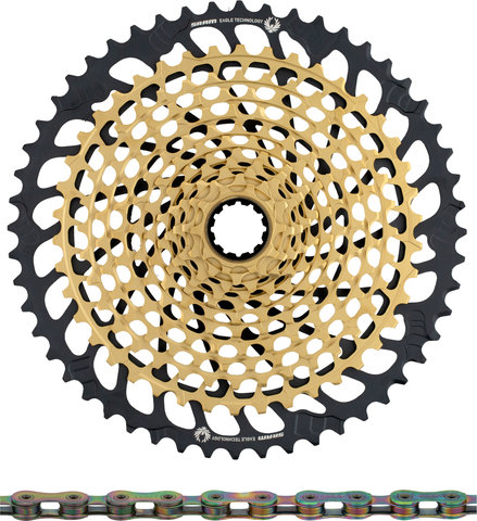 SRAM XX1 Eagle XG-1299 Kassette + PC XX1 Eagle Kette 12-fach Verschleißset - gold - XX1 rainbow/126/10-52/SRAM XD